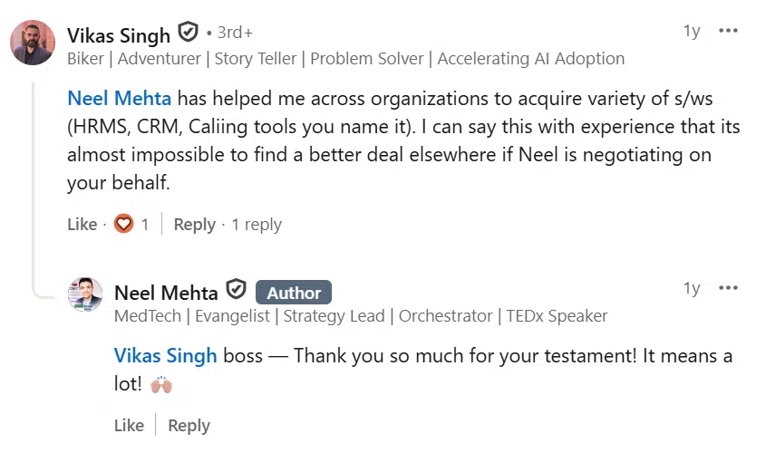 LinkedIn testimonial: almost impossible to find a better deal elsewhere if Neel is negotiating on your behalf