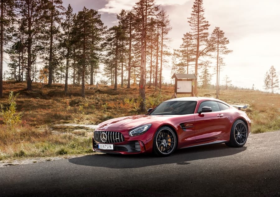 Red Mercedes-AMG GT R parked on a forest road in golden light