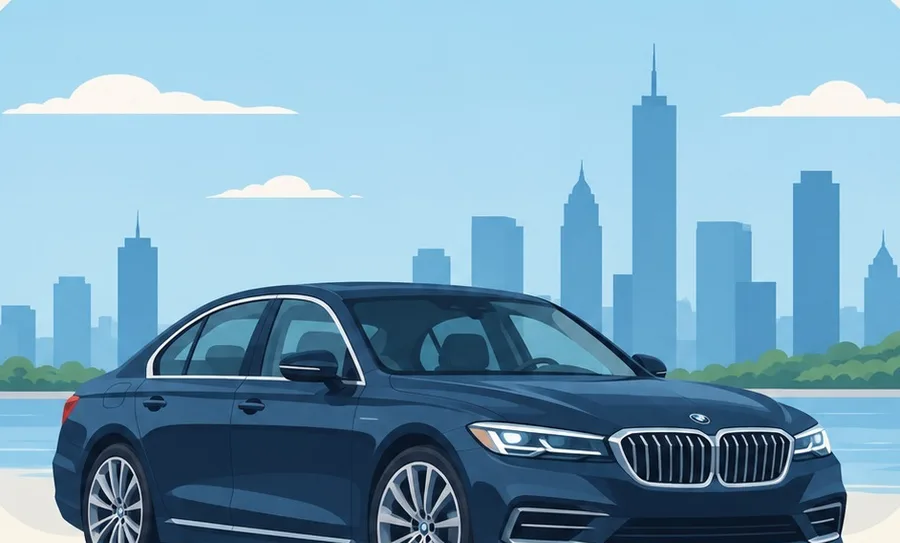 Illustration of a sedan on a city waterfront