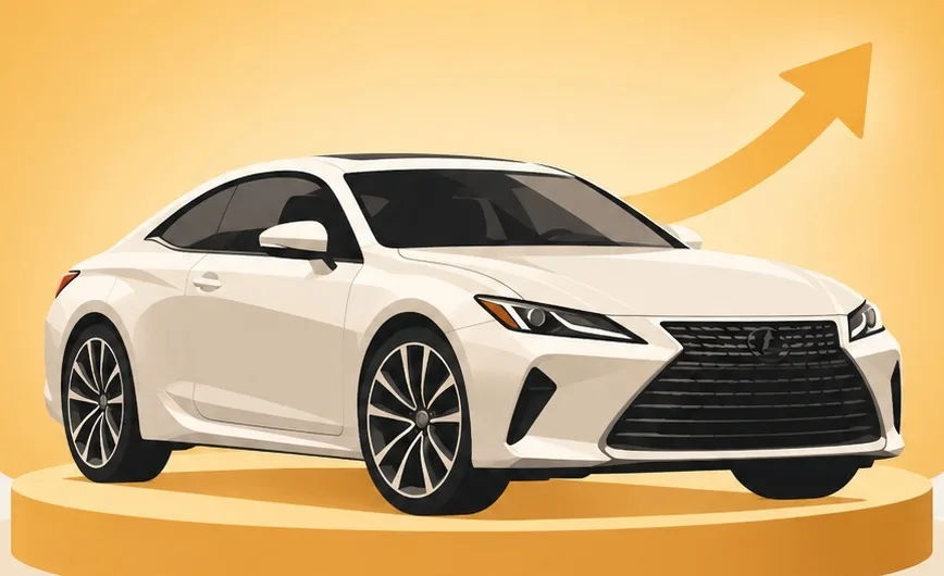 Illustration of a car on a selling podium with a rising arrow
