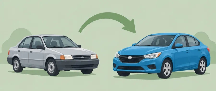Illustration of an older car trading up to a newer one