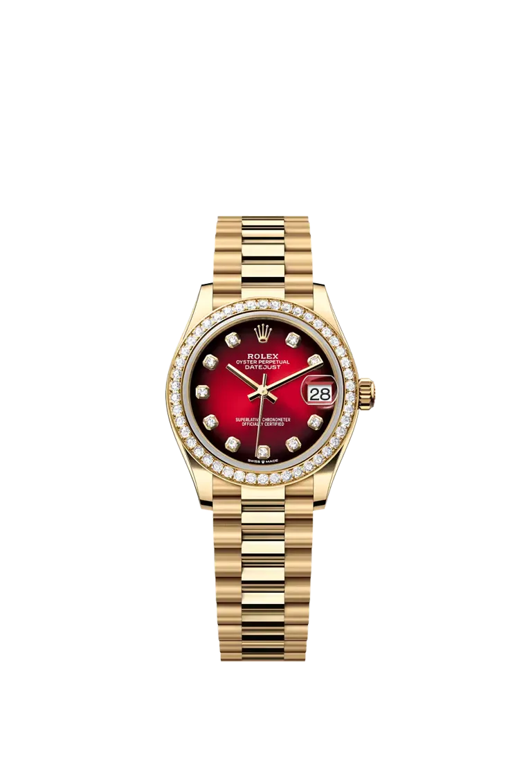 Gold dress watch with red gradient diamond-set dial