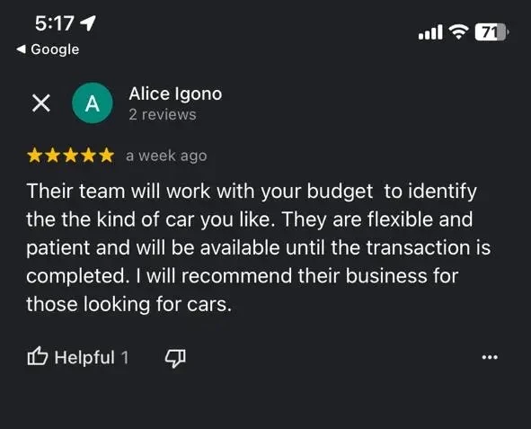 Alice Igono Google Review Buying Client Testimonial Car Concierge Pro