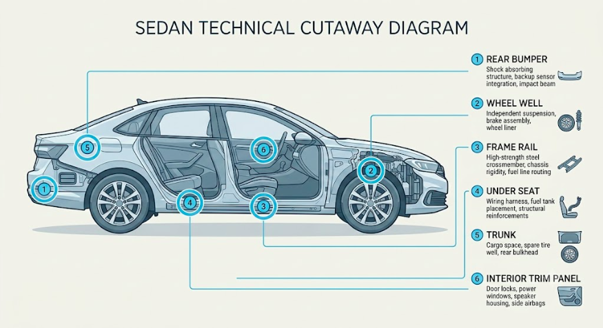 Diagram showing common hidden GPS tracker locations on a car including bumper, wheel well, and trunk