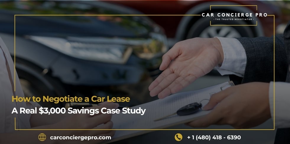 A Cadillac Optiq at a dealership, the subject of a lease negotiation case study