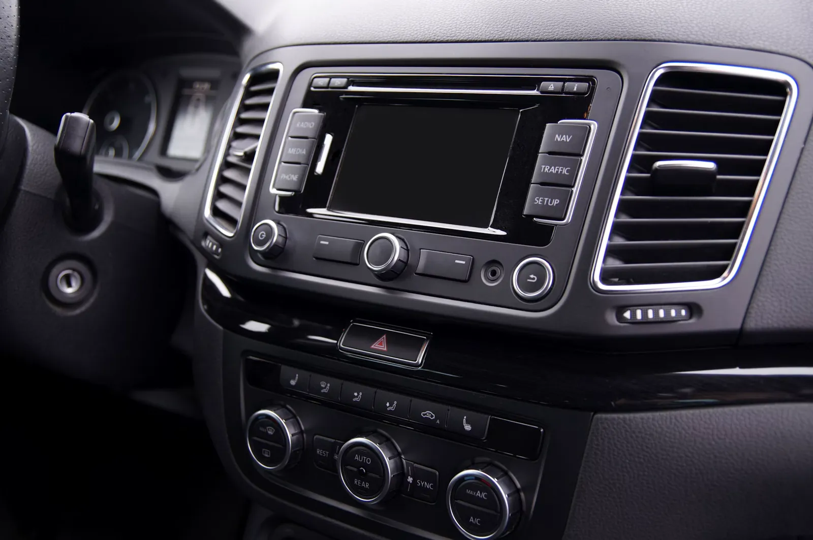 The center console and infotainment screen of a car dashboard