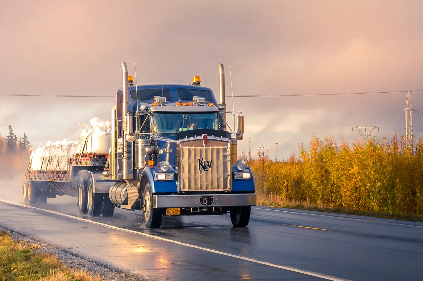 A white and blue work truck on a road during the day